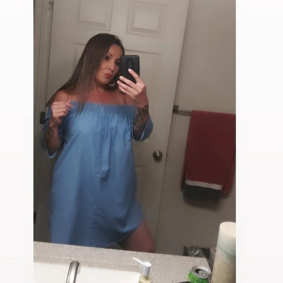 Paper Crane Smocked lightweight denim mini Tunic Sundress off shoulder M blue - Picture 3 of 8